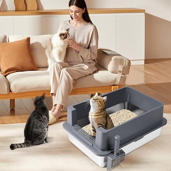 Stainless Steel Litter Box, XXXL 27.6" H x 19.7" W x 11.8" H Extra Large Metal High Sided Cat Litter Box with Scoop, Leak-Proof, Easy Clean for Big Cats/Multiple Cats (Dark Grey)