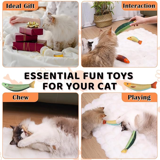 Cat Toys 4 Pack, Fish Shaped Catnip Toys with Crinkle Sound, Durable Interactive Chew & Kicker Toys for Indoor Cats, 8.1 Inch for All Breeds