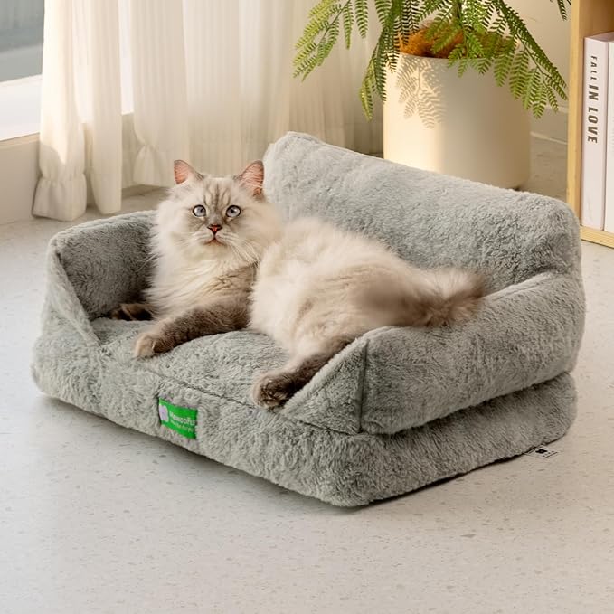 MEWOOFUN Cat Bed for Indoor Cats, Fluffy Cat Sofa for Small Pets with Removable Washable Cover, Cute Cat Couch with Non-Slip Bottom (Grey, 22x15x10)