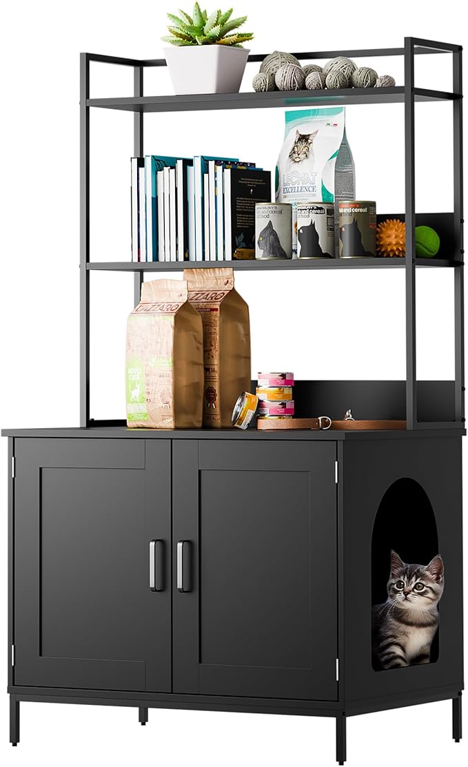 Cozy Castle Litter Box Enclosure, 57'' Cat Litter Box Furniture with Large Cabinet, Shelves, Hidden Cat House for Most of Litter Boxes, Wooden Pet Washroom Indoor, Black, No-Hook