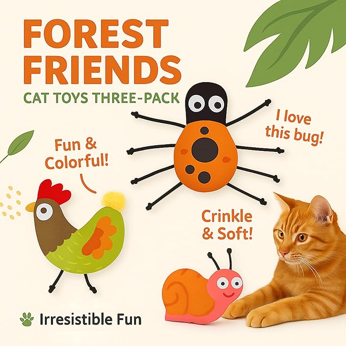 3-Pack Catnip Toys for Cats – Plush Cat Toys with Organic Catnip, Interactive Cat Toys for Indoor Cats, Snail, Rooster & Ladybug Shapes
