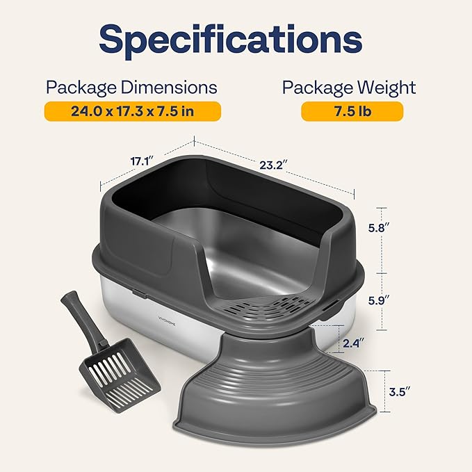 VIVOHOME XL Stainless Steel Cat Litter Box with Cover and Steps, 23'' x 17'' x 12'' Large Metal Litter Box for Cats with Scoop, Easy to Clean, Non-Slip, Ideal for Big or Multiple Cats, Dark Gray