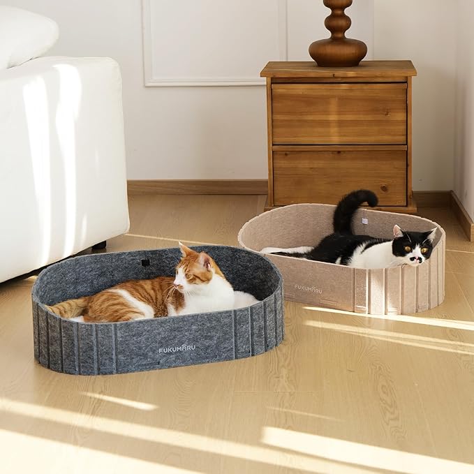 FUKUMARU Cat Beds for Indoor Cats, 24 Inch Large Cat Couch Bed with Cozy Faux Rabbit Fur Cushion, Felt Cats House Sofa in Oval Shape, Grey