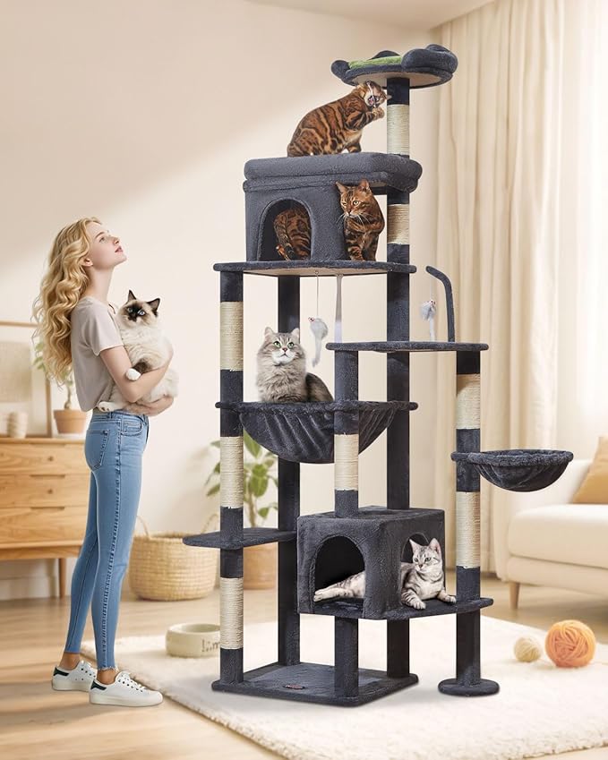 Taoqimiao MS032G 83In Cat Tree for Indoor Cats Large Adult, XXL-Cat Tower, Suitable 20lb+ Heavy Duty Large Cats, 2 Luxurious Cat Cando with 8 Scratching Posts,Oversized Metal Hammocks,Smoke Gray