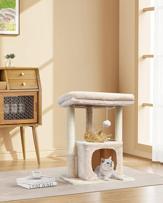 SYANDLVY 27" Cat Tree for Indoor Cats, Activity Tower with Scratching Posts, Modern Kitten Condo with Plush Perch & Hanging Ball for Play, Beige