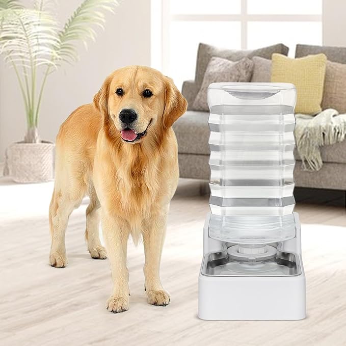 Sfozstra Large Gravity Water Dispenser: 9L Automatic Dog White Water Feeder with Stainless Steel Bowl -100% BPA-Free - Two Caps and Filters for Busy Owners