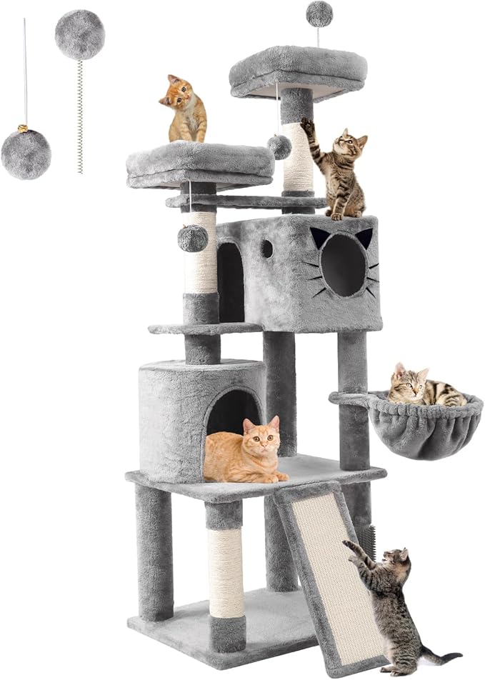 66in Multi-Level Large Cat Tree Tower for Indoor Cat/Kitties, Mordern Cat Tower with Sisal Scratching Posts, Condos and Hammock, Perches, Ramp for Climbing Heavy Duty