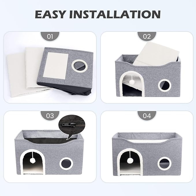 Heeyoo Cat House for Indoor Cats - Large Cat Bed Cave with Fluffy Ball and Scratch Pad, Foldable Cat Houses & Condos, Cat Hideaway, Covered Cat Bed for Multi Small Large Kitty, 23.8x15.9x13.2 Inches