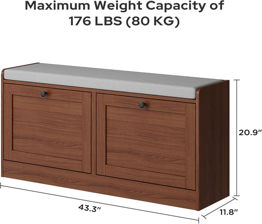 MHOM Brown Modern Entryway Bench with 2 Flip Drawers, Entryway Shoe Bench with Padded Seat Cushion, Wooden Storage Bench for Bedroom and Apartment