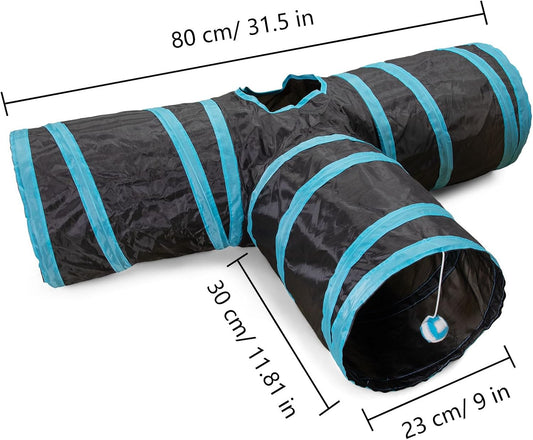 Cat Tunnel, 3 Way Cat Tunnels for Indoor Cats, Foldable Cat Tubes and Tunnels for Cats Kittens, Kitty Bored Peek Hole Toy Ball Cat, Puppy, Kitty, Kitten, Rabbit, Guinea Pigs (Blue & Black)