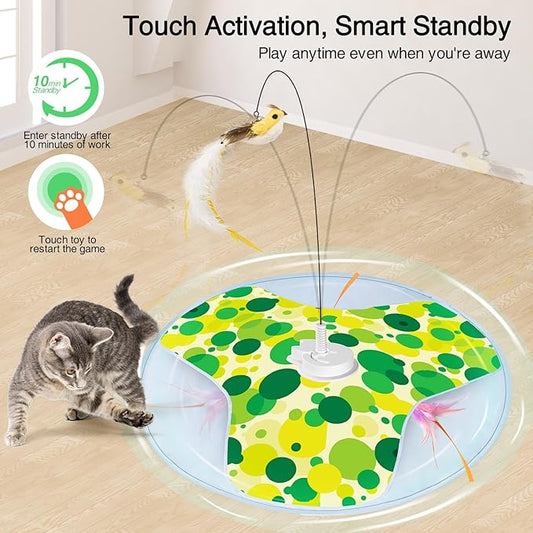 Interactive Cat Toy, Rechargeable Automatic Cat Toys for Indoor Cats, Motion Activated Hide and Seek Cat Toy with Bird Cat Wand, Moving Feather for Bored Indoor Adult Cats/Kittens