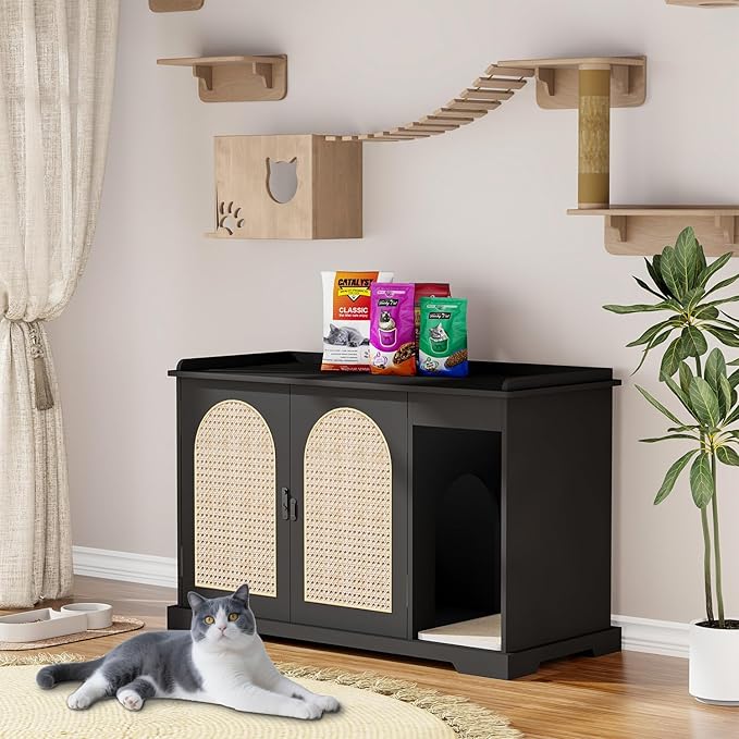 Large/Tall Cat Litter Box Enclosure, Hidden Litter Box with Convenient Entrance Large Shelf, Farmhouse Enclosed Litter Box Cabinet Rattan Cat House for Living Room Entryway (Black)