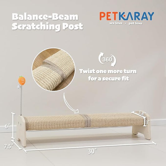 PETKARAY Horizontal Scratching Post, 30" Sisal Cat Scratch Pad, Large Floor Mounted Cat Scratcher with Spring Toy, Protect Furniture for Indoor Kitten