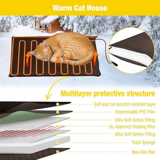 Heated Cat House for Outdoor Winter,Combined Cat Condo with Adjustable Temperature and Time, Insulated Outdoor or Indoor Cat Shelter for Feral with Escape Door (White and Brown, 1 Set)
