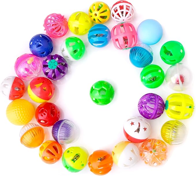 CHIWAVA 48 Pack Plastic Noisy Cat Toy Balls with Bell Kitten Chases Toy 8 Type Assorted Color Size