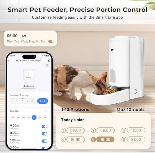 Automatic Cat Feeder - 2.4G WiFi Cat Food Dispenser, 3.7L Timed Pet Feeder with APP Control for Remote Feeding, 1-10 Meals per Day for Small Dog Kitten Indoor, Detachable for Cleaning