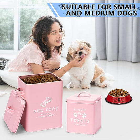 Meraki Home Small Dog Food Container and Dog Treats Container - Tight Lids - Feed Scoop and Pet Food Bowl - Farmhouse Metal Storage Bin - Matte Pink