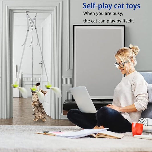 Cat Toys Indoor Hanging Door Retractable Flying Da Bird Cat Toy for Kitten Fun Exercise Interactive String Feather Cat Toys for Hunting Chase (Yellow Silk Finch)
