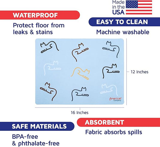 Cat Feeding Mat by Americat for Cat Food & Water Bowls – Machine Washable, Waterproof, No-Slip & Made in USA Cat Placemat – Protect Floors from Messy Eaters & Drinkers – 16 x 12 Inches (Cats)
