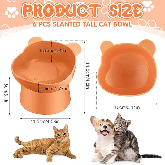 Hsei 6 Pcs Raised Cat Food Bowls 15 Degrees Elevated Pet Bowls Anti Vomiting Tilted Raised Whisker Friendly Raised Cat Dish Plastic Slanted Stand for Indoor Pet Food Water Feeder(Cute Color)