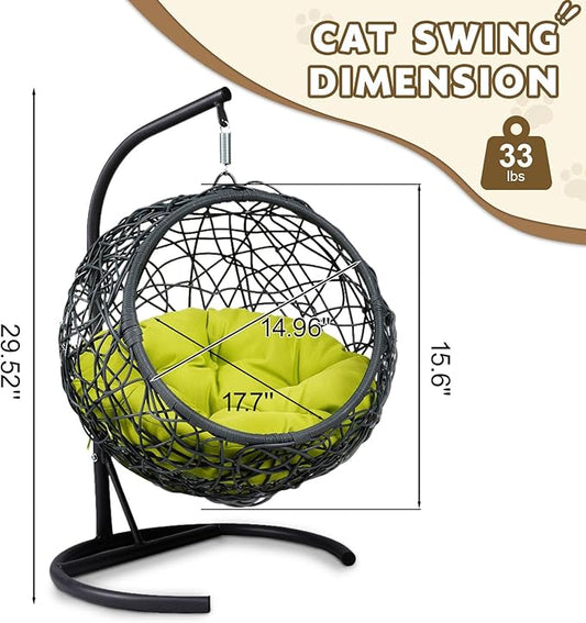 Cat Swing Bed with Stand & Cushion - Rattan Wicker Design, Indoor/Outdoor Hanging Hammock for Cats and Small Pets, Green