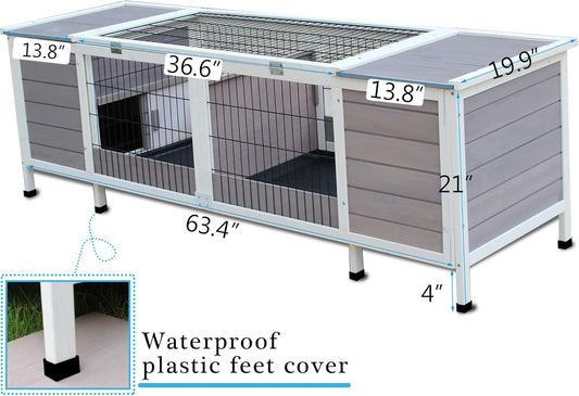 Rabbit Hutch Indoor Leakproof Bunny Cage Fir WoodenOutdoor Bunny House with Wire Floor Leakproof Plastic Tray (Grey)