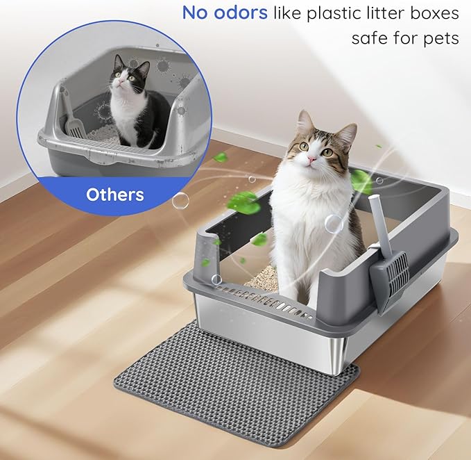 XXXL Stainless Steel Cat Litter Box with Lid, 28"x20"x12", Extra Large High Sided Metal Litter Box, with Scoop, Litter Mat, Non-Sticky, Anti-Urine Leakage, Easy to Clean for Big Cats and Multiple Cats
