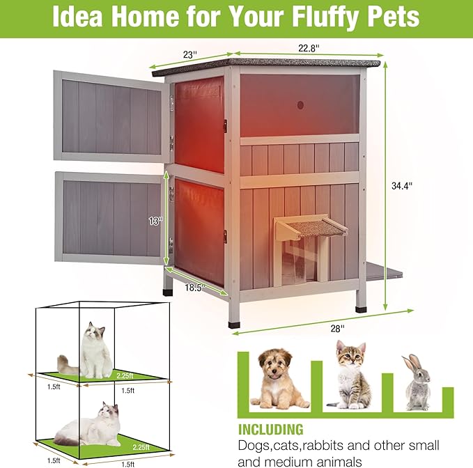 Cat House with Insulated Liner Feral Kitty Shelter Ourdoor & Indoor Cat Cage with Waterproof Roof, 2 Large Side Doors
