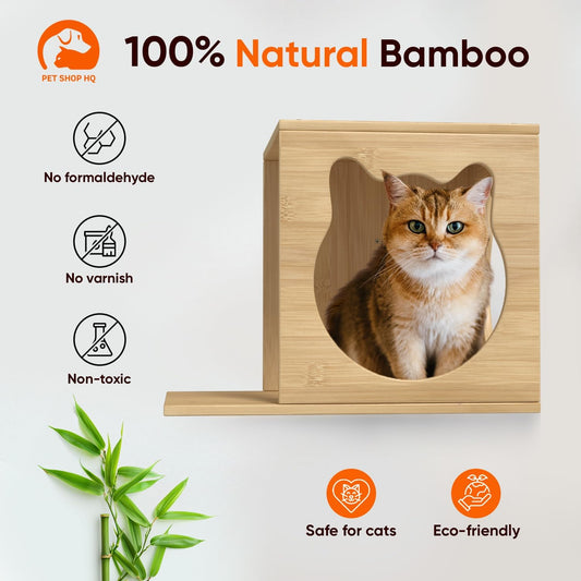 Cat Wall Furniture - Climbing Shelves, Ladders, Cat House, Hammock, Bed, Bridges, Walkways - Bamboo Material - Light Brown - Cat Furniture