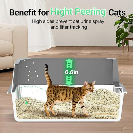 Extra Large Stainless Steel Cat Litter Box with High Sided Walls for Big Cats, Anti Urine Leakage, Odorless and Easy Cleaning, for Healthy Cats, Includes Foot Pad & Scoop - XXL Litter Box
