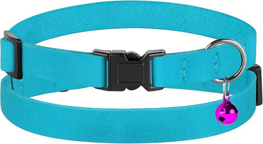 Breakaway Cat Collar Leather with Removable Bell - 13 Colors Available - Soft Adjustable Girl Boy Safety Lightweight Pet Kitten Collars Pink Brown Blue Green Red Orange Black (Aquamarine)