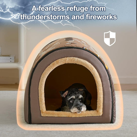 Jiupety Indoor Dog House, 2-in-1 Portable Foldable House Bed with Cover, Pet Tent & Cave Bed for Medium Dogs, XL(29"×21"×20"), Up to 44 Lb, Brown