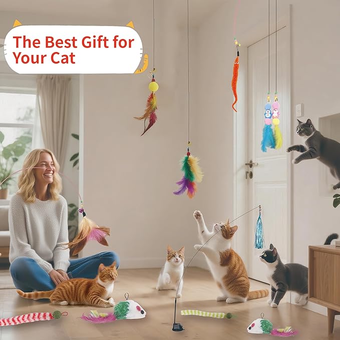 15PCS Cat Wand Toy Accessories, Cat Feather Toy Attachments Replacements, Mouse Toy and Tassels Strip for Indoor Cats Kitten