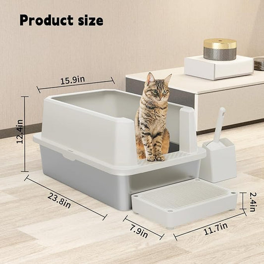 RIZZARI Stainless Steel Cat Litter Box, Semi-Closed Litter Box with High Edges, Large Odorless Litter Pan with for Small to Large Cats (Beige, 1 Pack)