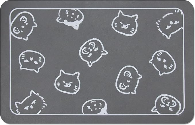YCT Cat Food and Water Mat for Pets - Non-Slip Super Absorbent Dog Bowl Mat With Multiple Cat Heads Logo - 24 x 16.9 Inches, Dark Grey