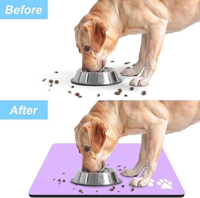 Rnivvi Dog Food Mat, 16" x 24" Footprint Absorbent Dog Cat Bowl Mat for Food and Water, Cute Anti-Slip Rubber Pet Feeding Rug Protect Floors, Puppy Placemat for Feeding & Watering Supplies, Purple