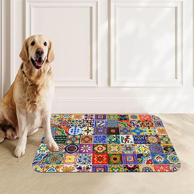 Bohemian Chic Floral Dog Food Mat Absorbent Bowl Mats No Stains Quick Dry Waterproof Pet Cat Placemats for Food and Water, 30x45cm