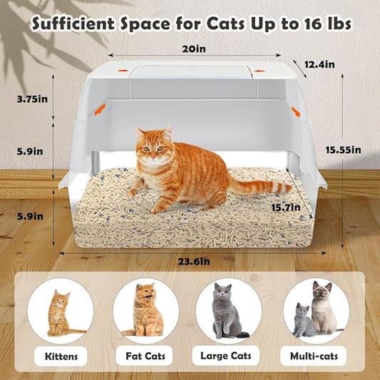 Vivifying Stainless Steel Litter Box with Lid, XL Side Entry Extra Large Litter Box for Big Cats & Kitty, Removable Enclosed Metal Cat Pan with High Sided Enclosure, Scoop, Mat, Footboard (Beige)