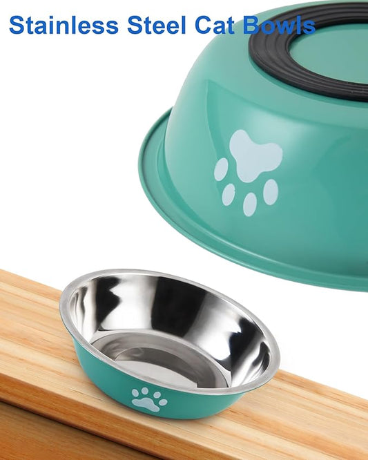 6 PCS Stainless Steel Cat Bowls, Non-Slip Stainless Cats Food Bowl Metal Cat Dishes Whisker Fatigue Kitten Plates Shallow Wide Kitten Bowls, 5.5” Whisker Friendly Food Dish (Bright Green)
