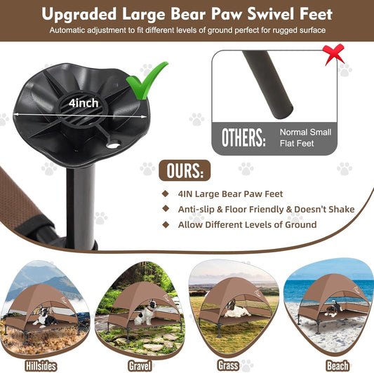 Upgraded Elevated Dog Bed with Canopy, Portable Raised Outdoor Dog Bed with Stable Anti-Slip Feet, Raised Wider Shade Pet Bed Cot for Large Dogs Camping, Indoor & Outdoor Use