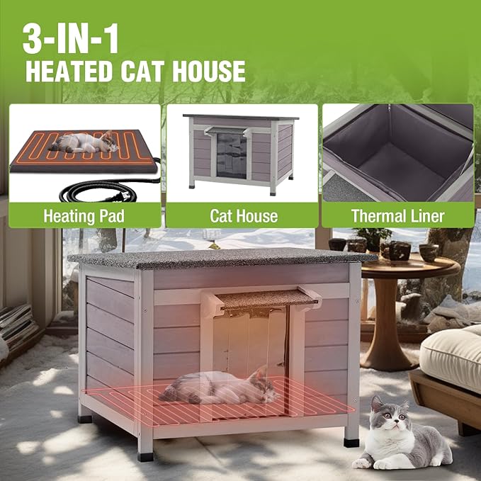 GUTINNEEN Heated Cat House Outdoor Insulated Cat House for Outside Weatherproof Feral Cat Shelter with Heated Pad, Insulated Thermal Liner, Chewproof Cable for Cats (Winter-Ready)