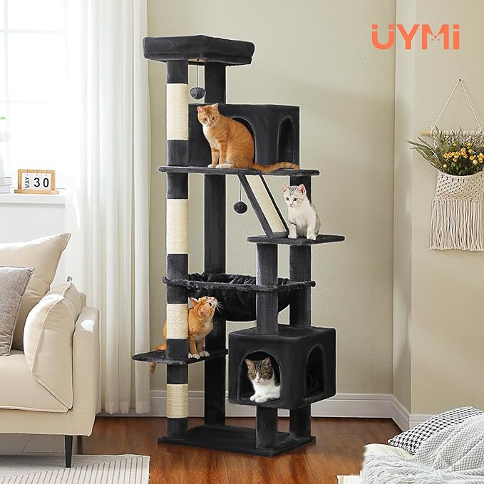 71 Inch Tall Cat Tree for Indoor Cats Large Adult, Multi-Level Cat Tower with Extra Large Hammock, 2 Cat Caves, Spacious Top Perch, Scratching Pad, Dark Grey