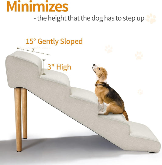 Senneny Imitation Linen Faux Leather Dog Stairs, for Pets up to 150 lbs, Waterproof, Scratch Resistant Pet Steps/Stairs with High Density Foam and Detachable Wooden Legs, Light Beige Linen, 5 Step