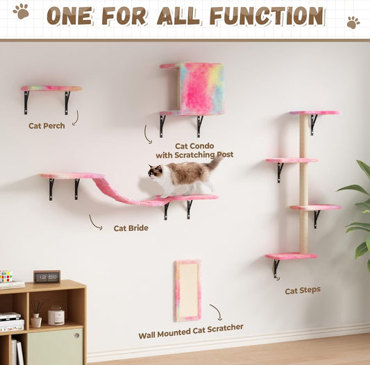 COZIWOW Wall Mounted Cat Furniture, Cat Wall Shelves and Perches, Floating Cat Shelves for Wall Set of 5 (Colorful)