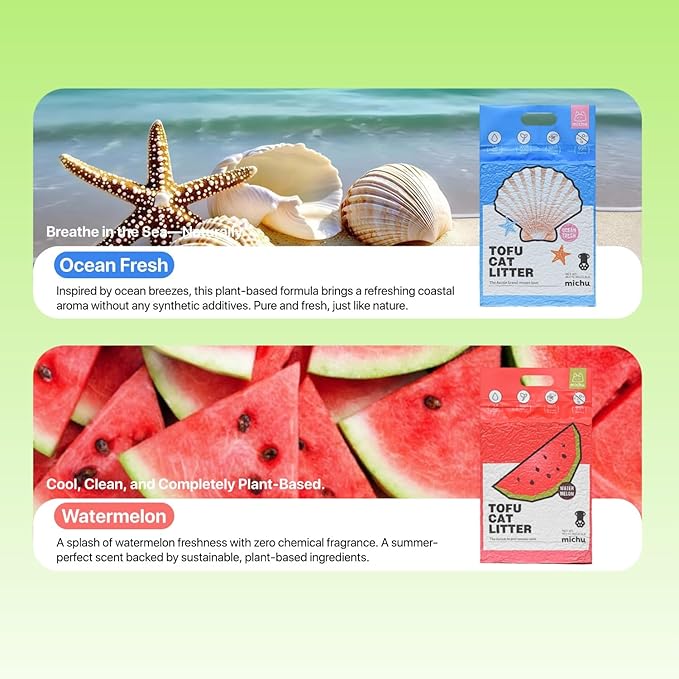 Tofu Cat Litter Natural Clumping Tofu Cat Litter, Fast Clumping and Easily Scoop-able 5.5lb/88oz 5 Scents - Original + Watermelon, 2 Pack