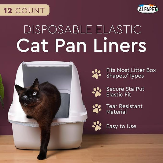 Alfapet Elastic Cat Litter Box Liners - Large 12 Count - Tear-Resistant Cat Litter Bags - Waterproof Kitty Litter Liners - Fits Litterbox Pan Sizes Medium and Large, 31" x 17", 20 lb Capacity