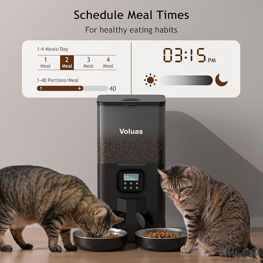 Voluas Automatic Cat Feeder for Two Cats, Double Pet Feeder with 2 Stainless Steel Bowls,6L Timed Cat Feeders with Memory Function