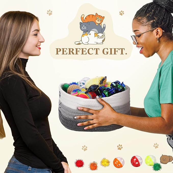 Zopeal 58 Pcs Cat Storage Basket Gift Toys Set, Colorful Flashing Balls Pet Bell Crinkle Balls Spring Toys Attract Cat to Swat, Bite, Hunt, Interactive for Pet(Multicolor,9.8 Inch)