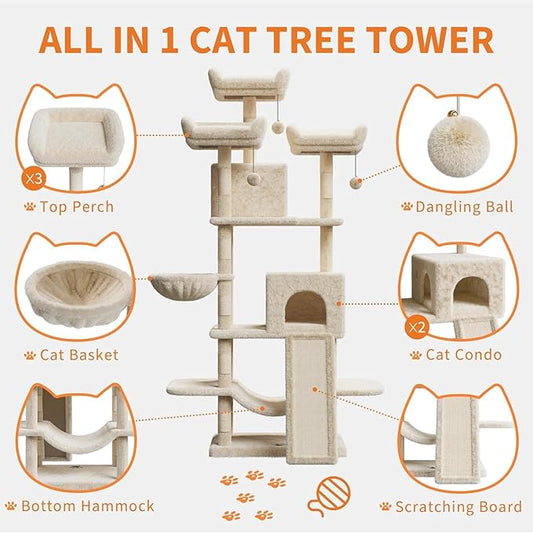 68.5 Inch Multi-Level Cat Tree, Plush Cat Tower with Condo/Sisal Scratching Posts/Hammocks/Basket/Dangling Ball/Platform, Heavy Duty Cats Tree to Play and Sleep, 2605#Beige