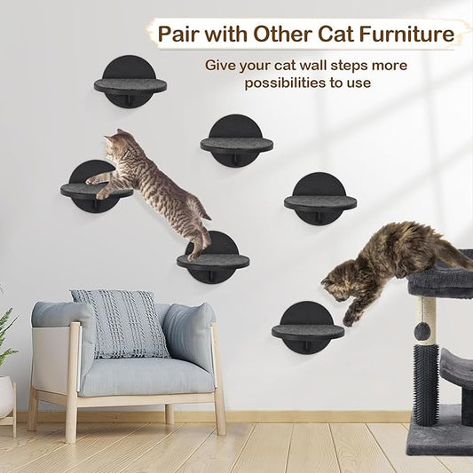 Y&ME 6-Pack Cat Climbing Shelves with Scratching Pad and Wall Mount for Cats to Sleep, Climb and Play (Black)